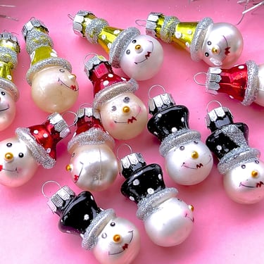 VINTAGE: 12pcs - Small Glass Snowman Ornaments - Blown Figural Glass Ornaments - Feather Tree Ornament - Christmas Xmas Holiday 