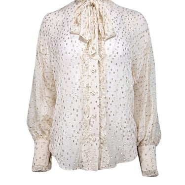 Zimmermann - Cream & Gold Metallic Fil Coupé Silk-Blend Blouse Sz 4