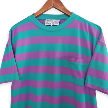 vintage t shirt / 90s striped t shirt / 1990s purple and green striped pocket t shirt boxy fit Large 