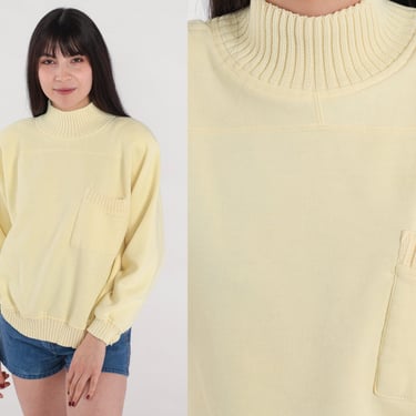 Pale Yellow Sweatshirt 80s 90s Mockneck Pullover Sweater Knit Trim Sweatshirt High Mock Neck Pocket Streetwear Pastel Vintage 1980s Medium M 