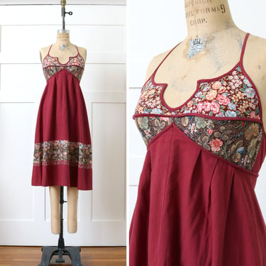 vintage 1970s calico sundress • Young Edwardian merlot red cotton empire waist dress 
