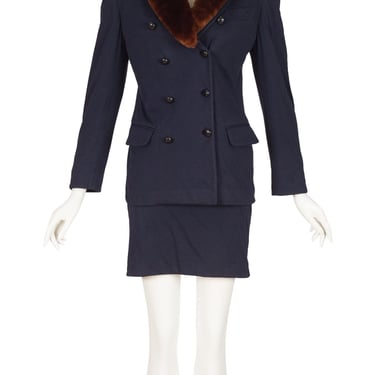 Jean-Paul Gaultier 1980s Vintage Fur Collar Navy Cotton Jersey Skirt Suit Sz S 