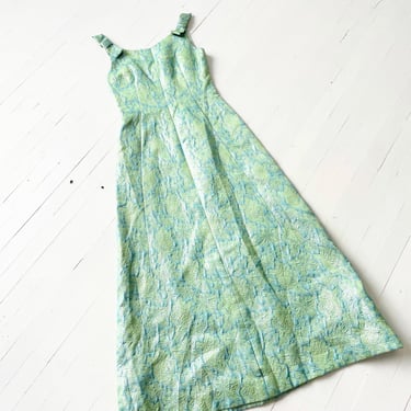 1960s Blue + Green Brocade Maxi Gown 