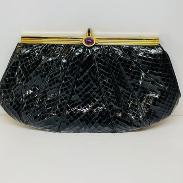 Judith Lieber Black Snake Skin and Brass Purse with Purple Cabochon