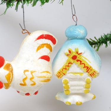 2 Vintage Christmas Ornaments,  Hand Painted Rooster & Bird House, Antique Tree Decorations 