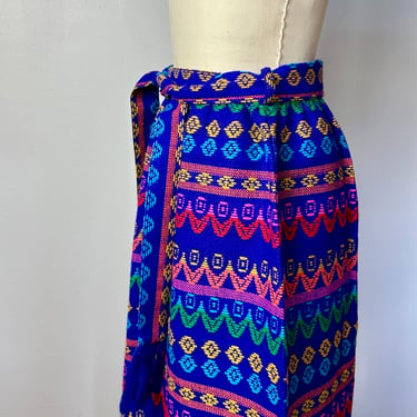 Vintage knit I Magnin Maxi skirt~ rainbow colorful woven textile skirt with matching tie belt~ full length~ boho hippie Stylish S/M 