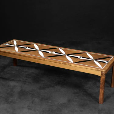 Vintage Mid-Century Scandinavian Modern Teak Long and Low Coffee Table with Hand-Painted Pattern on Top 