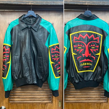 Vintage 1980’s/90’s North Beach Michael Hoban Tiki Tribal Hip Hop Leather Jacket, Vintage Clothing 