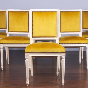 Antique French Louis XVI Style Square Back Painted Dining Chairs W/ Mustard Velvet - Set of 6 