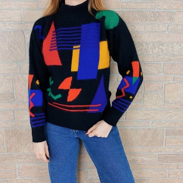 Vintage Angora Geometric Print Mock Neck Sweater 