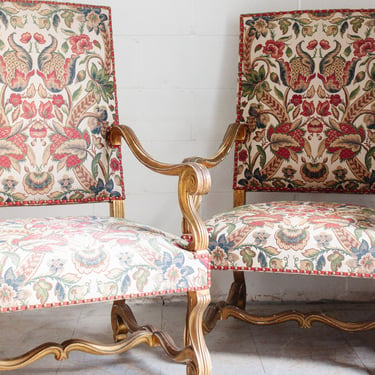pair of 19th century French Louis XIV style tapestry &amp; gilt walnut armchairs