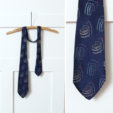 vintage 1930s dark blue necktie • woven silk brocade equestrian whip print 