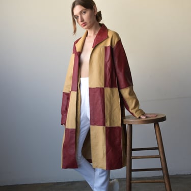 3237o / red yellow leather patchwork coat 