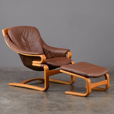 Svend Skipper 'Apollo' Lounge Chair and Ottoman Danish Modern Brown Leather Teak 