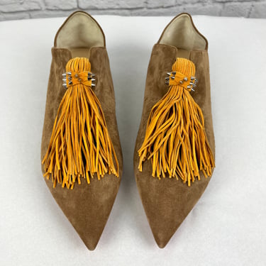Christian Louboutin Mediana Fringed Suede Collapsible-heel Slippers, Size 41, NEW, Tan
