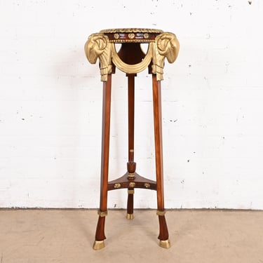 John Widdicomb Neoclassical Mahogany Guéridon Pedestal Table or Plant Stand With Gold Gilt Ram Heads and Hooved Feet