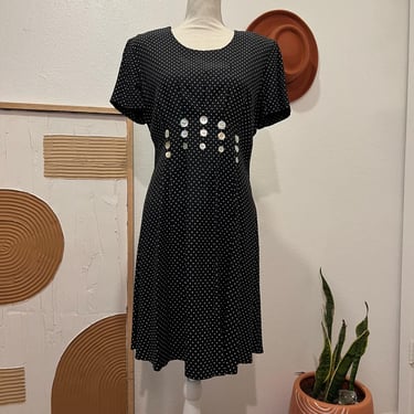 Vintage 90s Black Polka Dot Short Sleeve Button Detail Waist Tie Mini Dress USA 