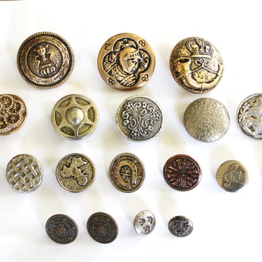 19 Antique and Vintage two Piece Metal Buttons Collection  - Stamped Edwardian Picture Buttons 