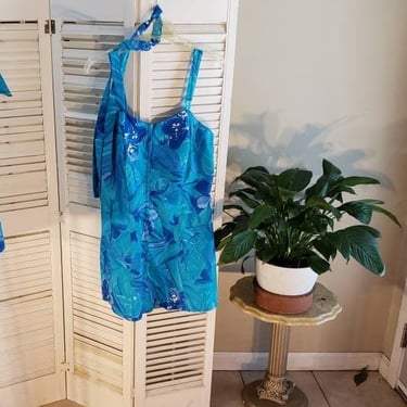 Vintage 50s/60s Cotton Playsuit/Swimsuit/Romper Blue Hawiian Print w/Matching Shirt L CEEB of Miami  RARE 