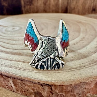 EAGLE LANDING Vintage Turquoise & Coral Silver Ring | Statement Ring | Sterling | SC Hallmark | Navajo, Southwestern Jewelry | Size 9 1/4 