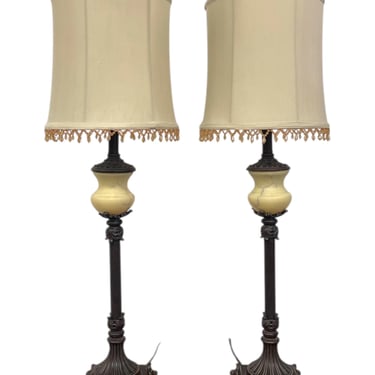 Free shipping within Continental US - Pair of Vintage Neoclassical Table Lamps with Ornate Metal Bases and Fabric Shades 