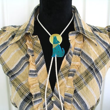 Bolo Tie for Western Shirts, Cowboy Western Tie, String Tie, Moon with Turquoise Howling Coyote, Braided White Leather with Silver Tips 