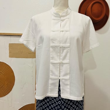 White Vintage 90s High Collar Button Front Soft White Summer Blouse 