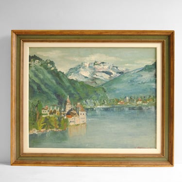 Vintage Original Oil Painting of Chillon Castle on Lake Geneva, Switzerland, Framed Landscape Painting 