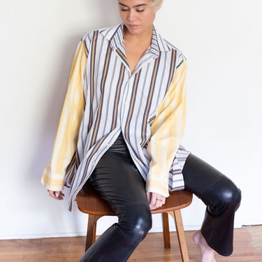 REWORKED Vintage Oversized Striped Button Up with Different Contrast Sleeves Ombré Men's Blue Yellow White Collared Top 