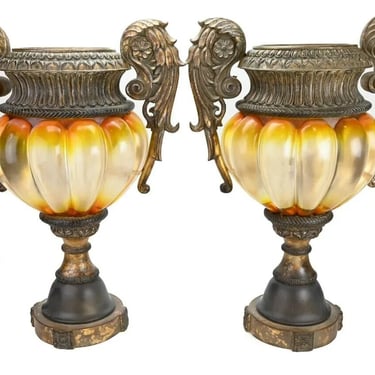 Urns, Palace Size, Carved Wood and Lucite, Pair, 26 Ins, Vintage / Antique!!