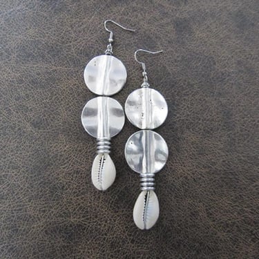 Long cowrie shell earrings, silver 2 