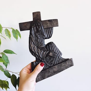 Vintage Haitian Wooden Jesus with Cross Wall Hanging 