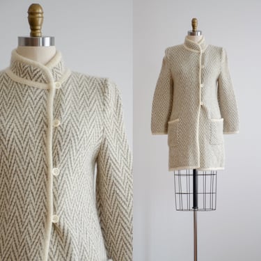knit wool jacket 70s 80s vintage herringbone cream wool coat 
