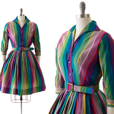 Vintage 1950s Party Dress | 50s Rainbow Striped Taffeta Crystal Buttons Fit and Flare Shirtwaist Evening Dress (small) 
