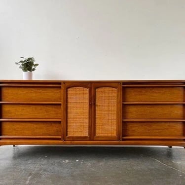 Lane Rhythm Series Long Dresser with walnut and cane doors 