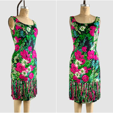 MR. BLACKWELL Vintage 50s Silk Floral Dress | 1950s Pink Green Sheath Dress with Fringe | 60s 1960s Mid Century Lux Designer | Size Medium 