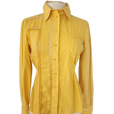 Vintage Yellow Shirt Button Down by Philosophy Alberta Ferretti w/ Crochet Trim Small 
