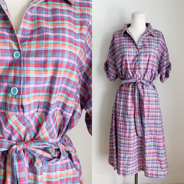 Vintage 1980s Micro Madras Shirtwaist Dress / XL 