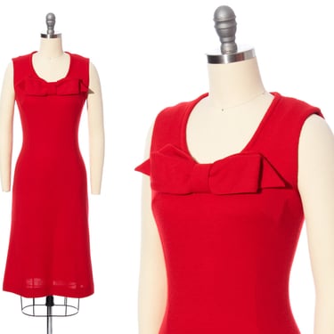 Vintage 1960s Dress | 60s Red Wool Jersey Big Bow Wiggle Sheath Knit Sleeveless Holiday Party Bodycon Dress (x-small/small) 