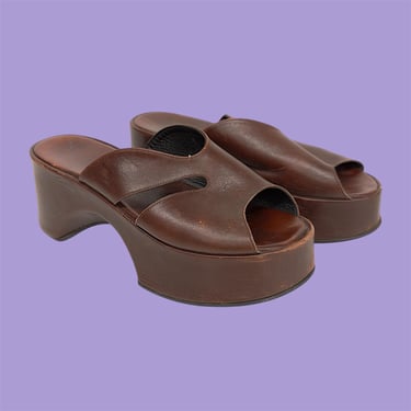 Vintage Platform Sandals Retro 1990s Robert Clergerie + Genuine Leather + Brown + Size 8 + 3" Inch Heel + Made In France + Womens Footwear 
