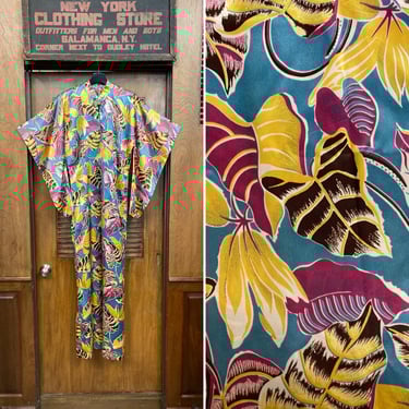 Vintage 1940’s Original “Kamehameha” Sateen Fabric Tiki Pake Muu Batwing Sleeve Hawaiian Dress, Pake Muu, Hawaiian Dress, Batwing Sleeve, 