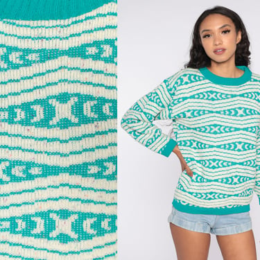 Turquoise Geometric Sweater -- 80s Sweater Acrylic Knit Jumper Print 1980s Statement Vintage Pullover Off-White Flecked Patterned Medium 