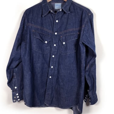 1950's ROEBUCKS Blue Denim Shirt, Sanforized Cotton, Blue Jean Jacket, RARE, Vintage White Snaps, Western Work Wear, Long Sleeve 50's 