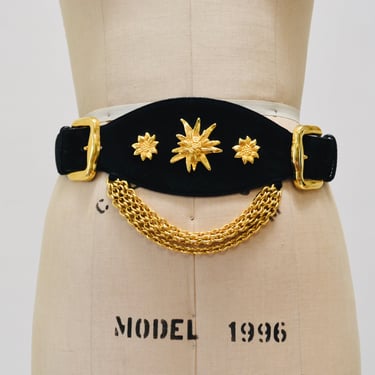 80s 90s Vintage ESCADA Chain Belt Gold Metallic Chain Sun Flower Black Leather Belt size 42 Medium Large 80s Glam Wide Black Gold Belt 