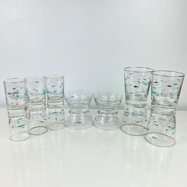 Vintage Libbey Mediterranean Glass & Bowl Set, Turquoise Blue, Black, and Platinum Atomic Fish Dish Set, Silver rims, MCM 1950s Drink ware 