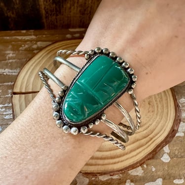 VINTAGE MEXICAN SILVER and Green Cuff | Southwestern Style Jewelry | Green Stone Face Bracelet | Sterling Silver Details 