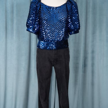 Vintage 80s Cobalt Blue Sequin Woven Mesh Top with Bateau Neckline and Large Puff Sleeves 