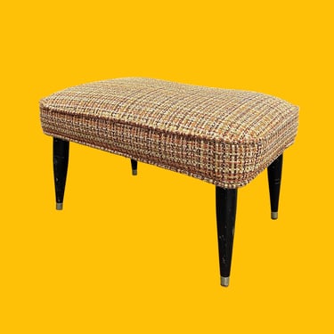 Vintage Ottoman Retro 1960s Mid Century Modern + Beige + Orange + Brown + Tweed Fabric + Rectangular + Footrest + MCM Furniture + Seating 