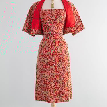 Glamorous Late 1950's Christian Dior Originals Scarlet Demi Couture Corded Lace Cocktail Dress & Matching Jacket / SM