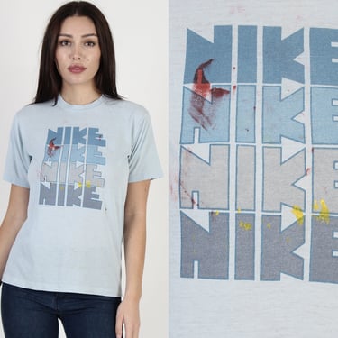 Vintage Nike Orange Label T Shirt / Nike Block Letters Swoosh Tee / Paper Thin Baby Blue Spell Out 